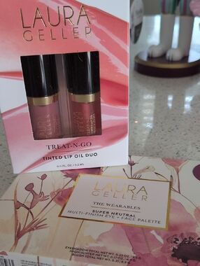 LAURA GELLER Tinted Lip Oil Duo — Rose Pink & Mauve Face Palette Eye Finish